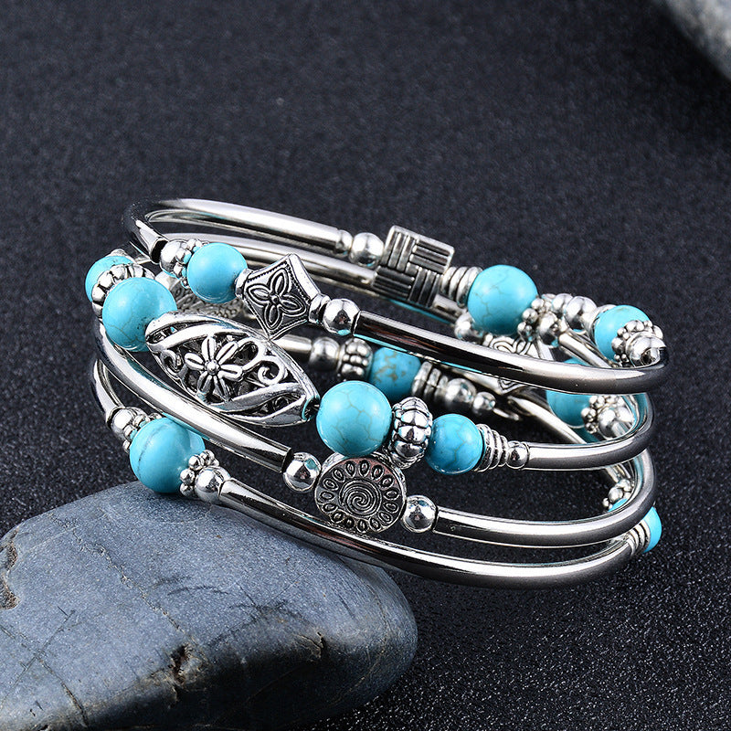 Multi-circle Layered Natural Stone Turquoise Bracelet