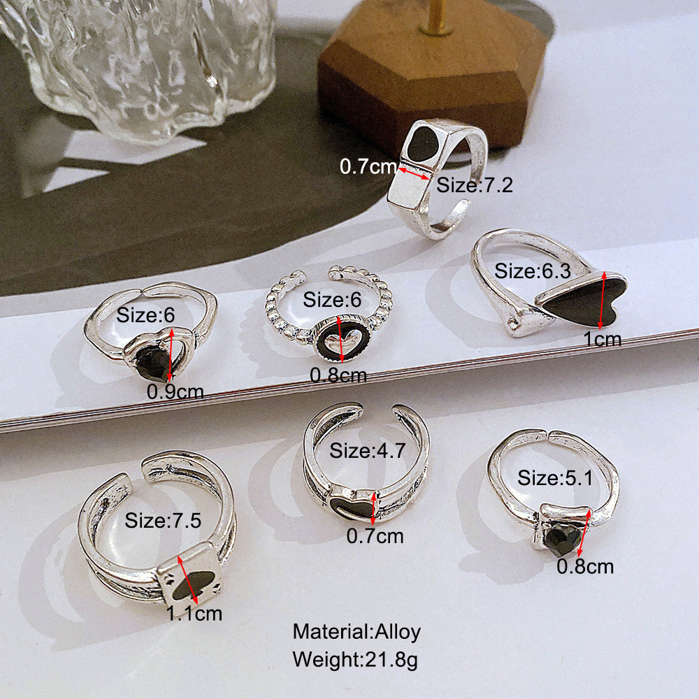 Retro Black Love 7-piece Set Rings