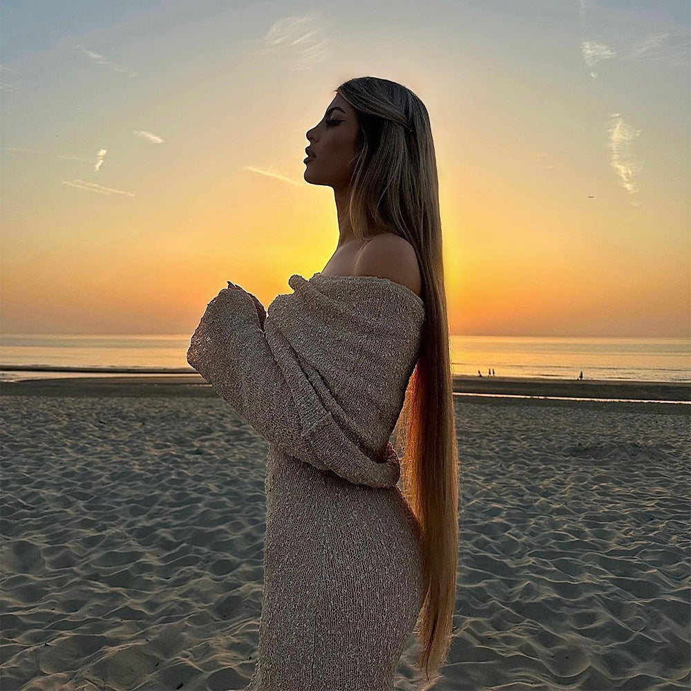 Shoulder Knitted Long-sleeved Dress