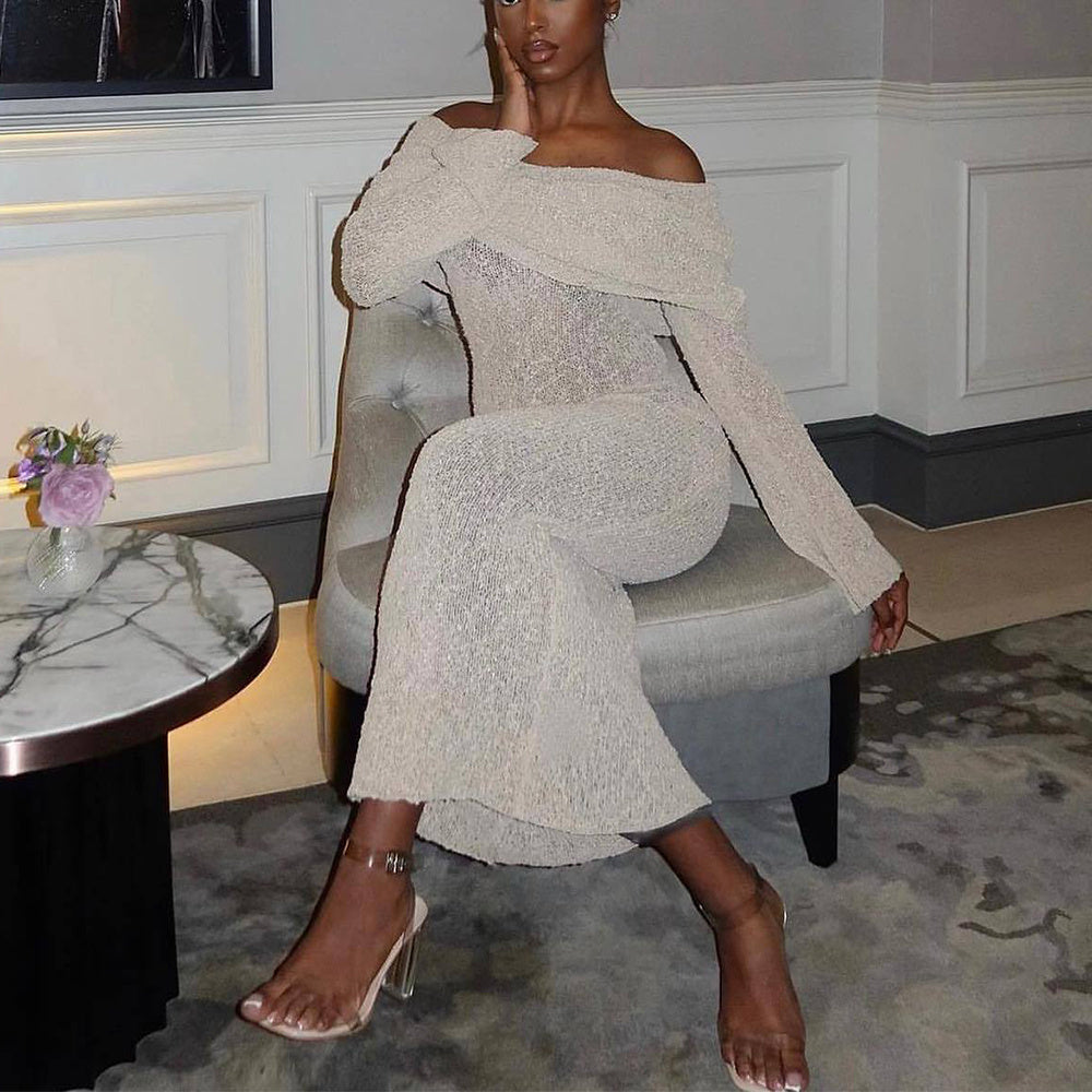 Shoulder Knitted Long-sleeved Dress