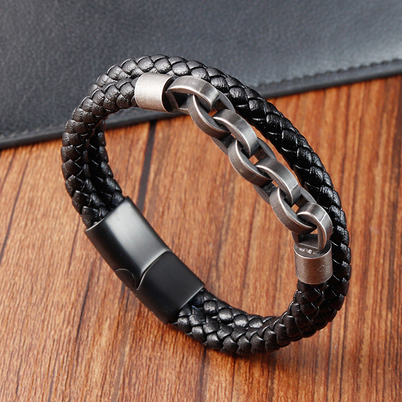 Black Genuine Leather Chain Bracelet