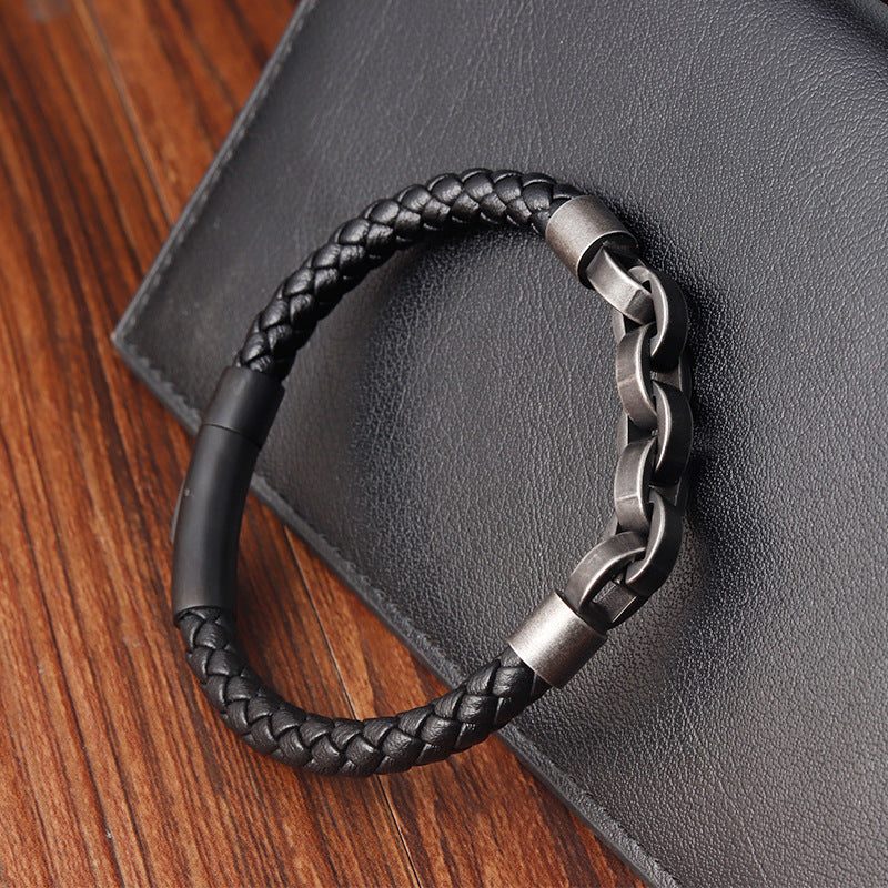 Black Genuine Leather Chain Bracelet