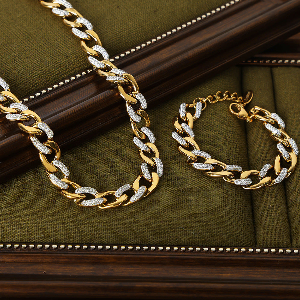 French Style Diamond-studded Design Titanium Steel Gold-plated Necklace Suit