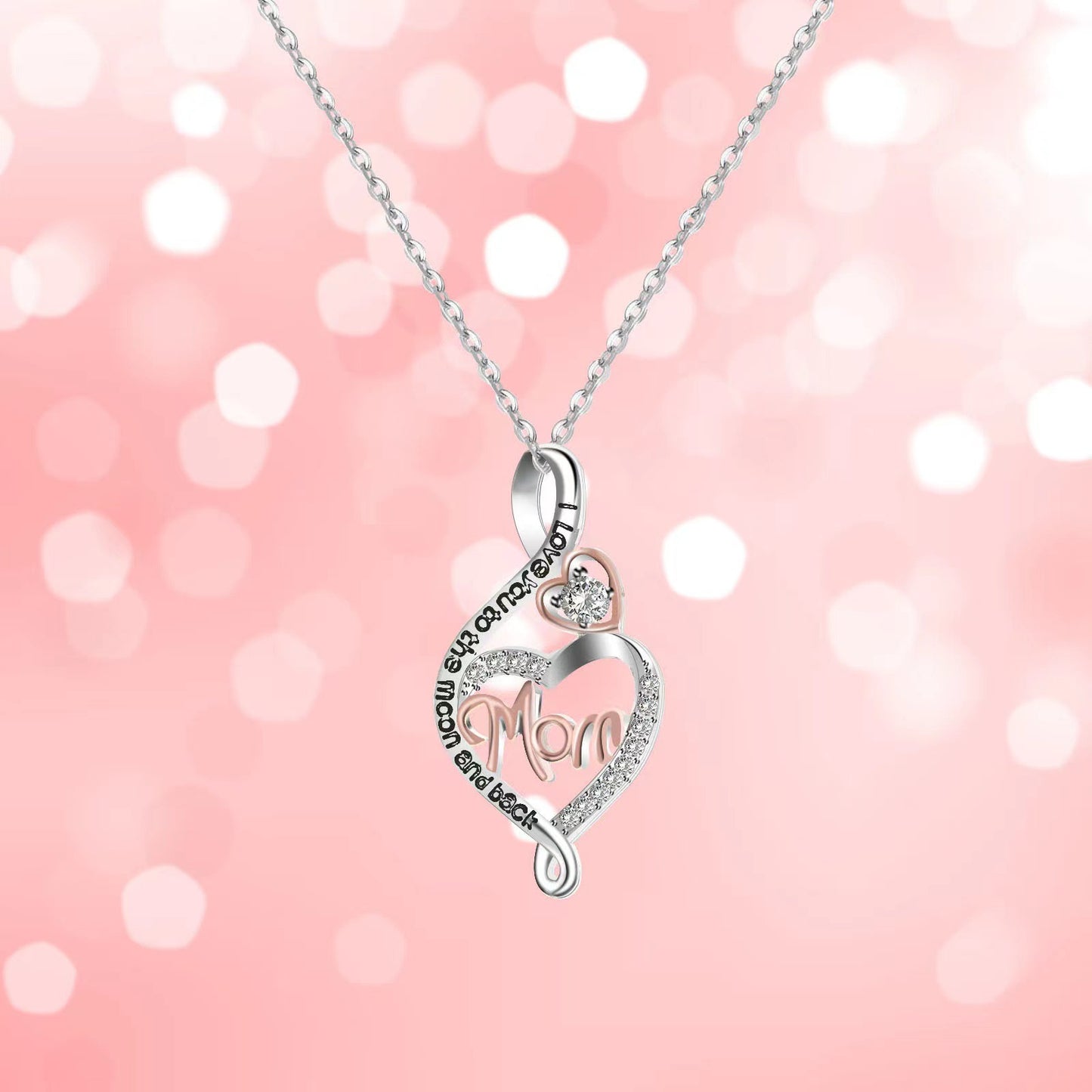 Mom Love you to the moon and back Jeweled Pendant S925 Silver Peach Heart Necklace