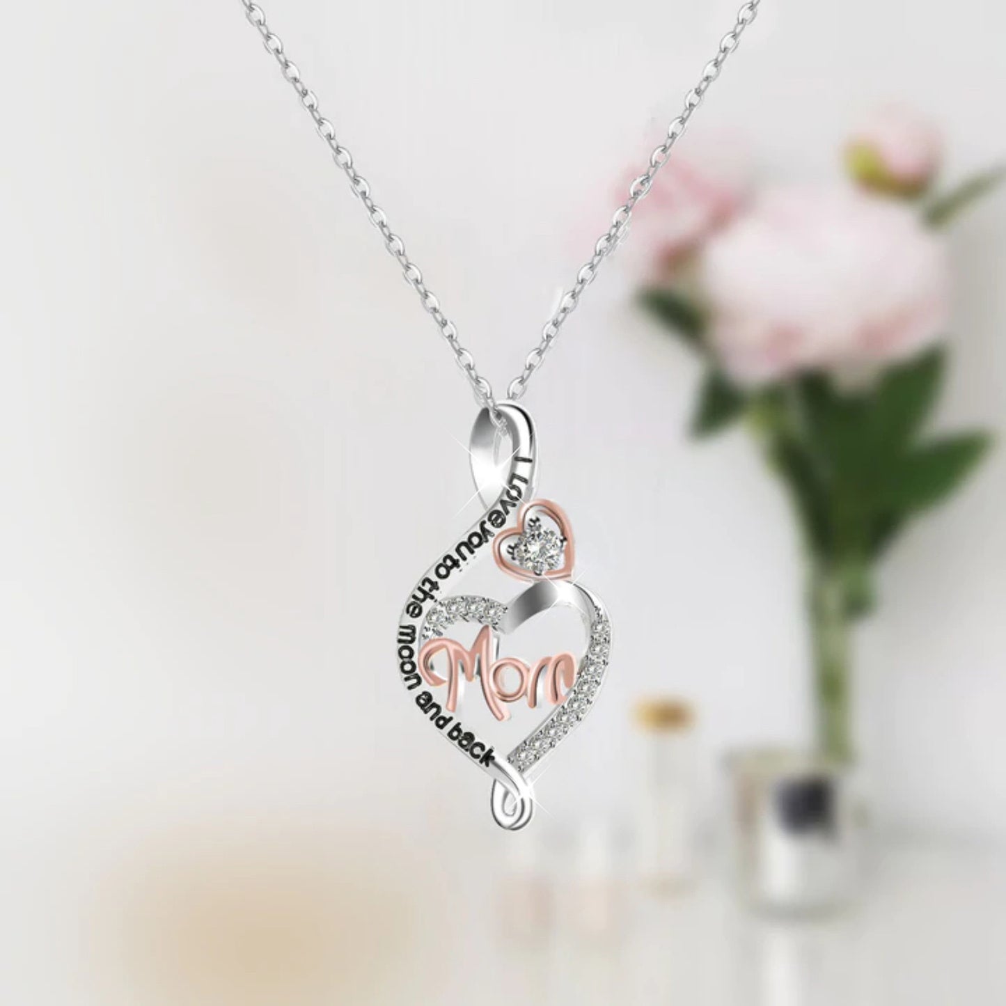 Mom Love you to the moon and back Jeweled Pendant S925 Silver Peach Heart Necklace