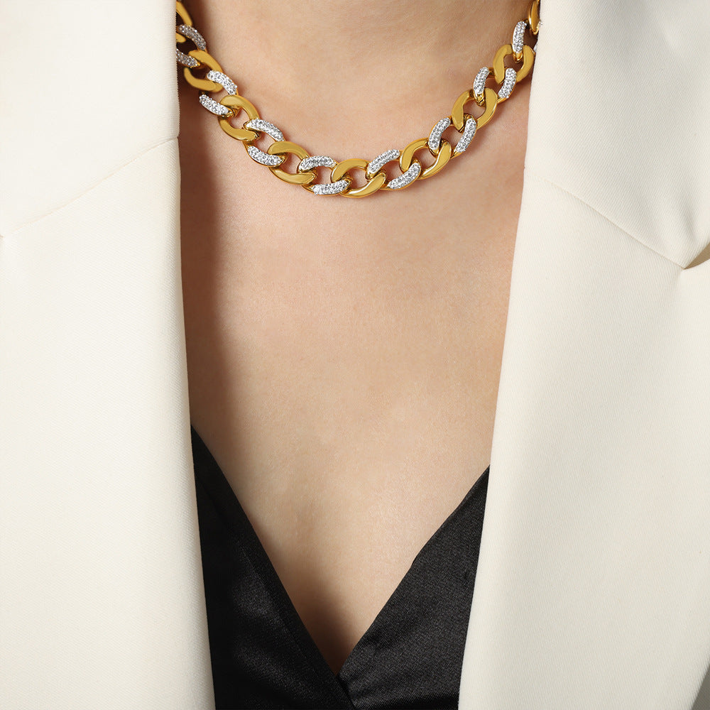 French Style Diamond-studded Design Titanium Steel Gold-plated Necklace Suit