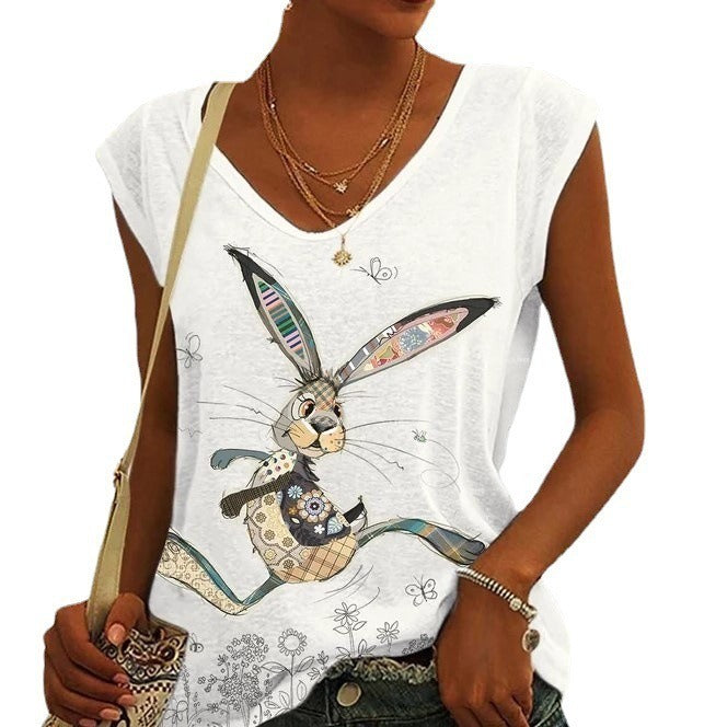 Casual Loose Bunny Print Sleeveless T-shirt