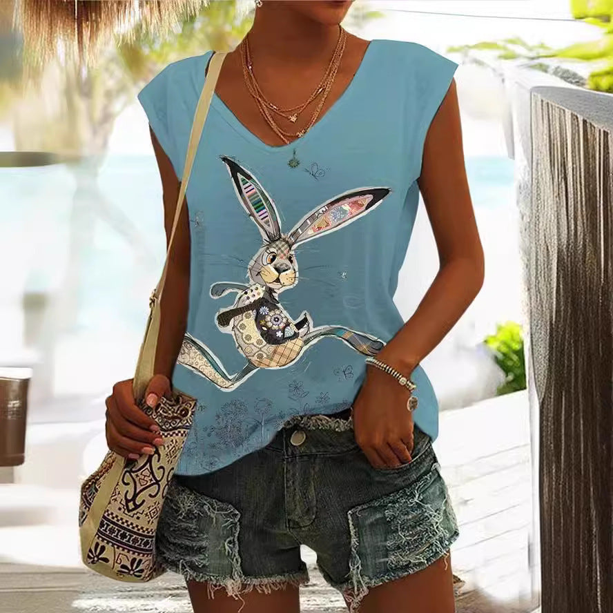 Casual Loose Bunny Print Sleeveless T-shirt