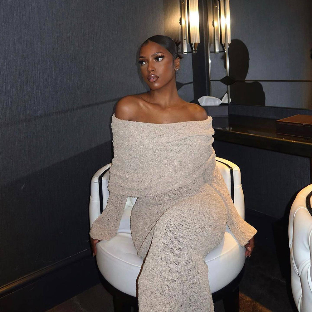 Shoulder Knitted Long-sleeved Dress