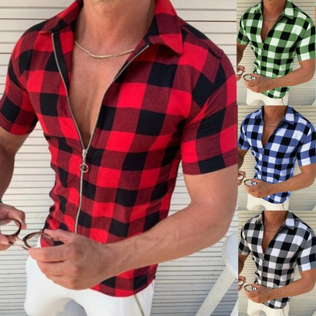 Plaid Zipper Short Sleeve Shirt