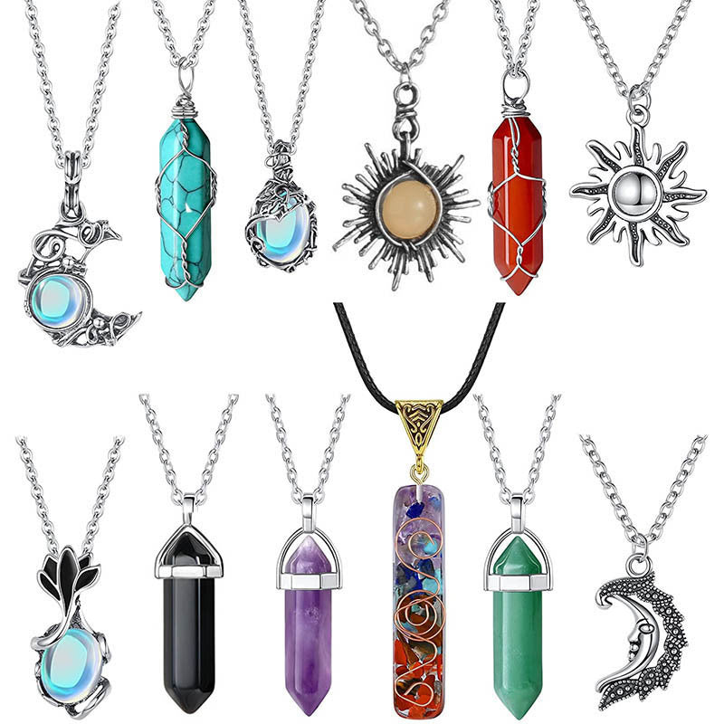 Natural Stone Wire Winding Pendant Necklace