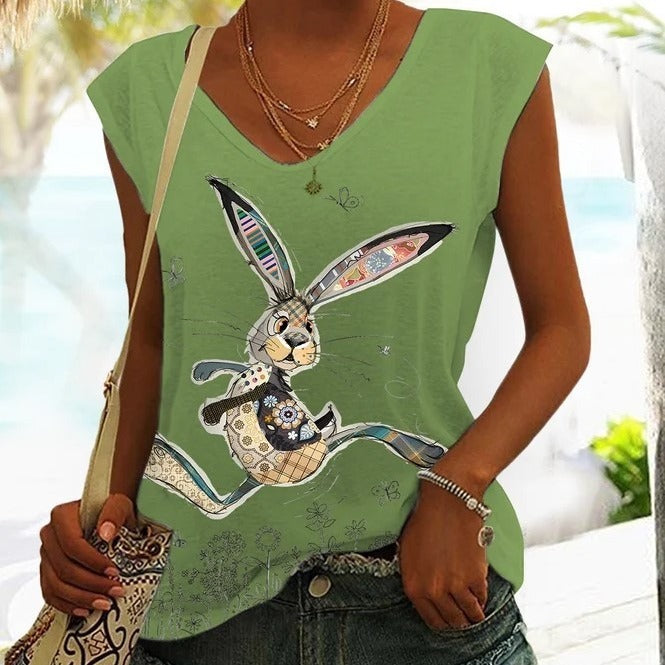 Casual Loose Bunny Print Sleeveless T-shirt