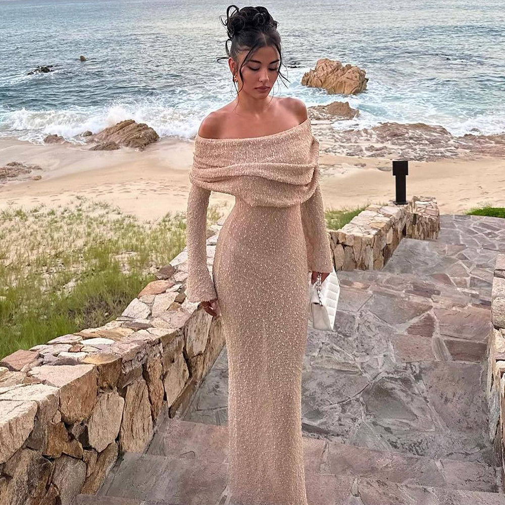Shoulder Knitted Long-sleeved Dress