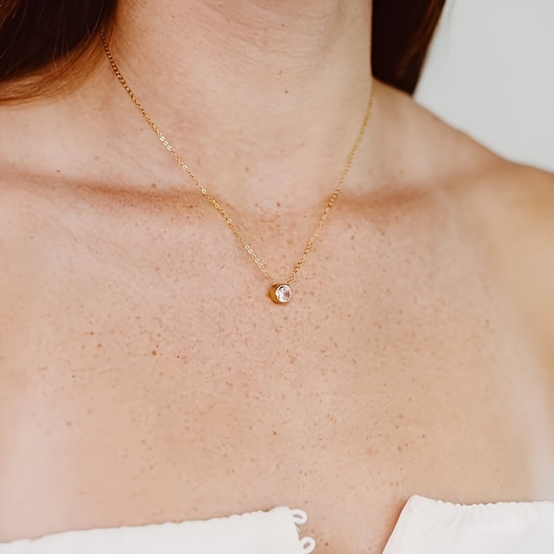 14k Solid Gold Cubic Zirconia Round Solitaire Pendant Necklace