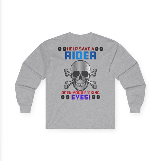 Help Save a Rider, Rad Moto Life Unisex Long Sleeve Tee - Bold Graphic T-Shirt for Motorcycle Enthusiasts