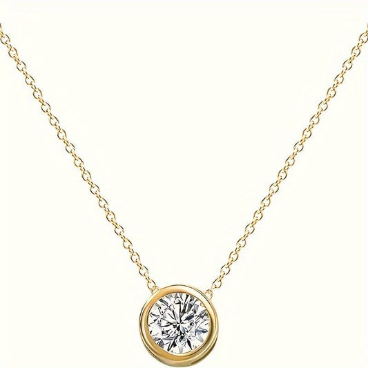 14k Solid Gold Cubic Zirconia Round Solitaire Pendant Necklace