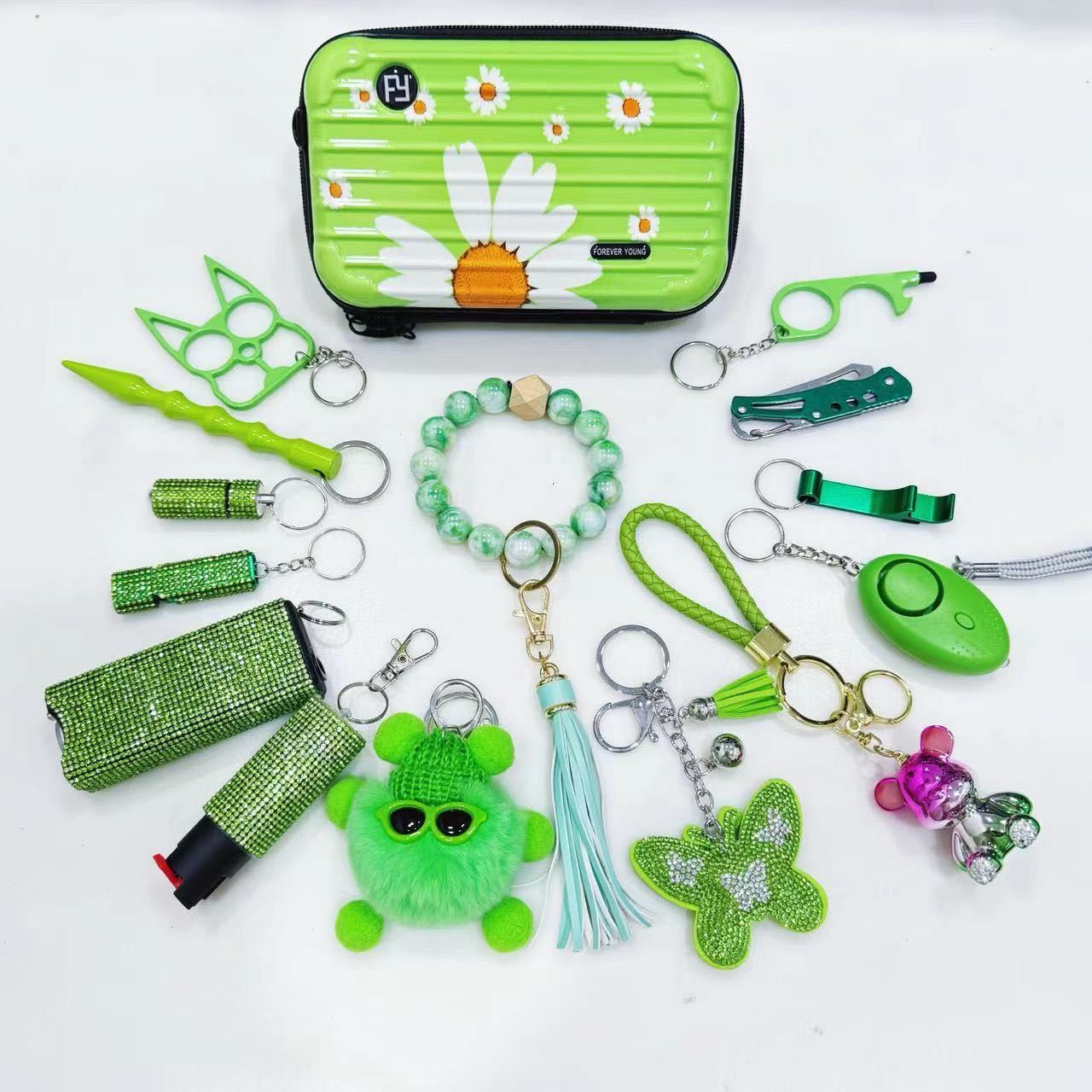 Green Flower Keychain Set