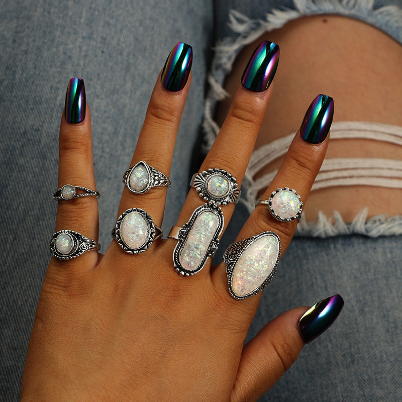 Geometric Opal Gem 8-piece Set of Rings