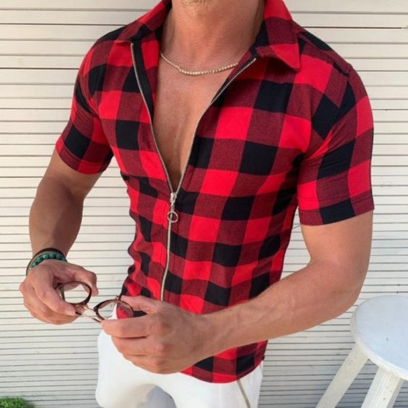 Plaid Zipper Short Sleeve Shirt