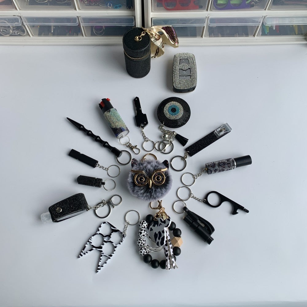 BLACK Owl Keychain Set 16pcs