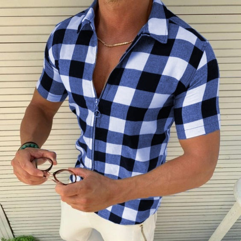 Plaid Zipper Short Sleeve Shirt