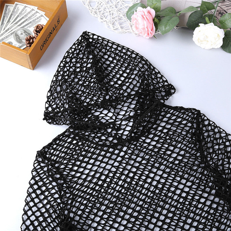 Sexy Mesh Hooded Long Sleeve Pullover