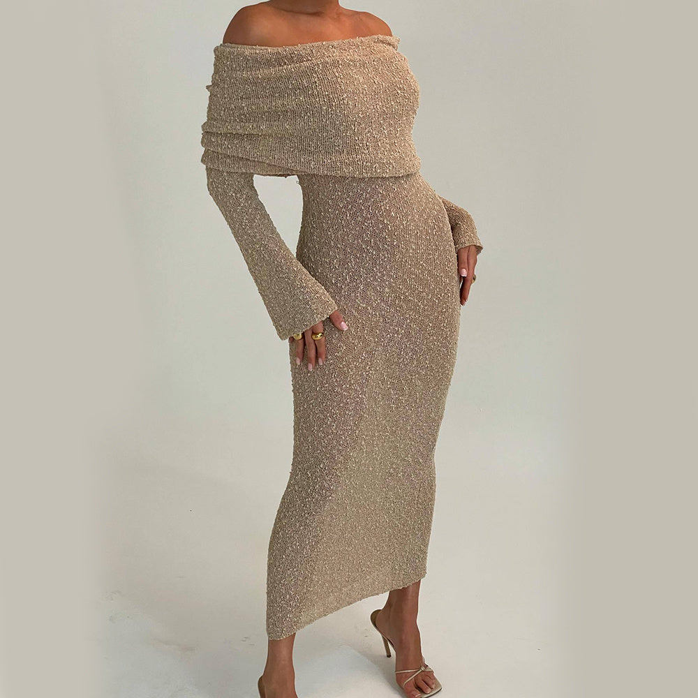 Shoulder Knitted Long-sleeved Dress