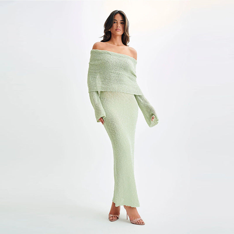 Shoulder Knitted Long-sleeved Dress