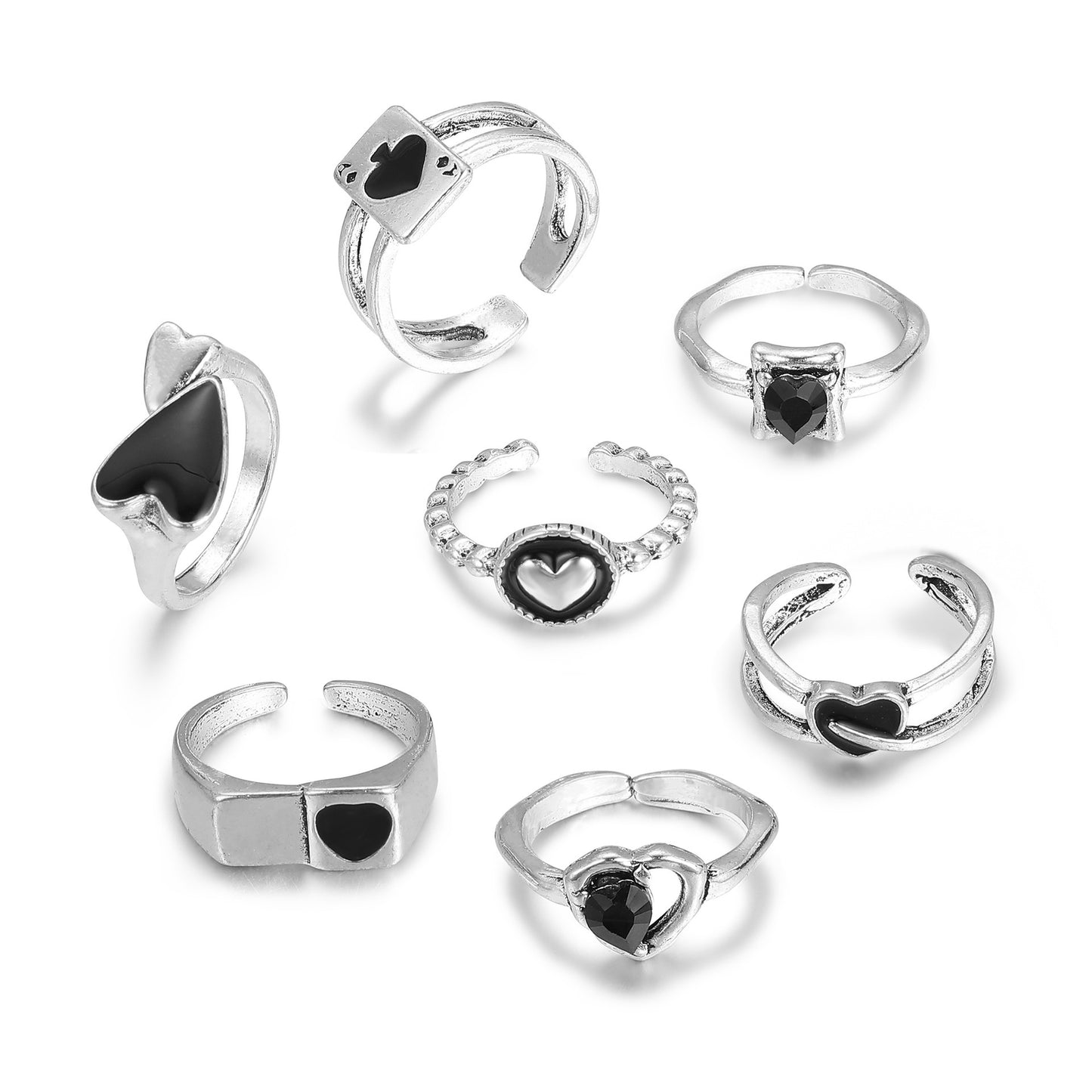 Retro Black Love 7-piece Set Rings