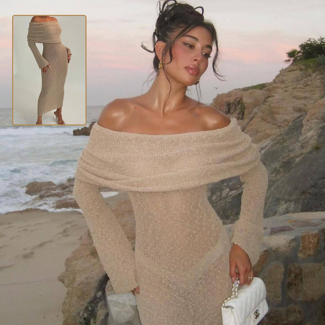 Shoulder Knitted Long-sleeved Dress