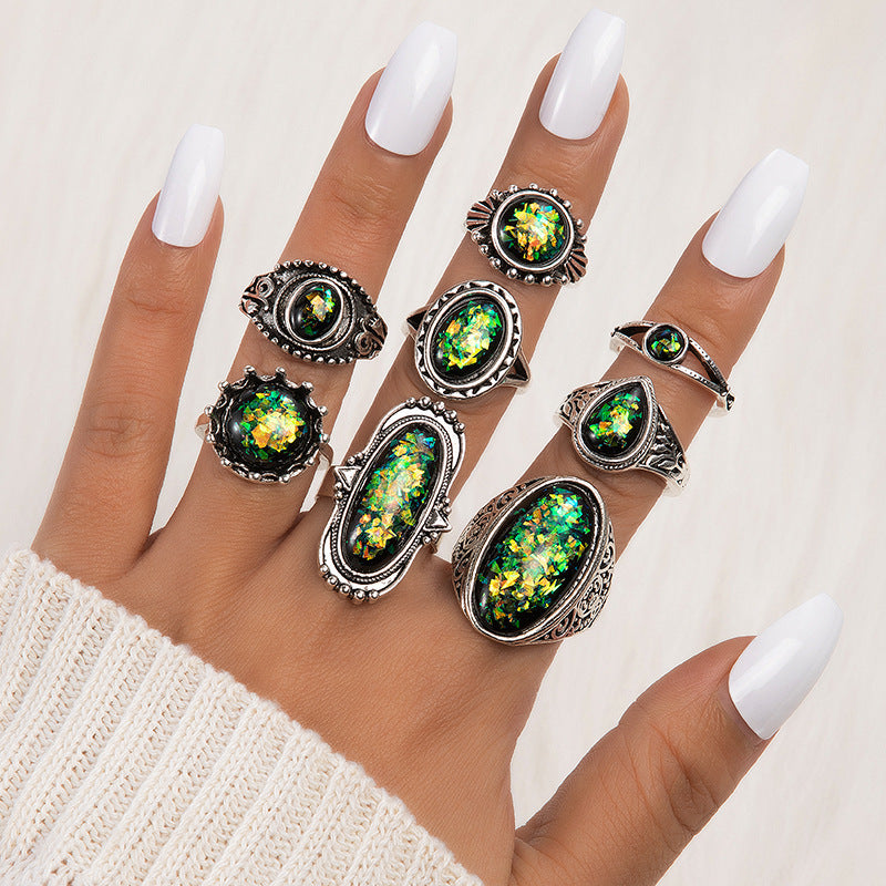 Geometric Opal Gem 8-piece Set of Rings