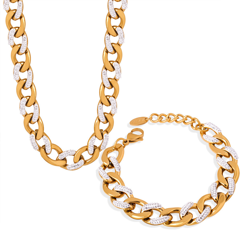 French Style Diamond-studded Design Titanium Steel Gold-plated Necklace Suit