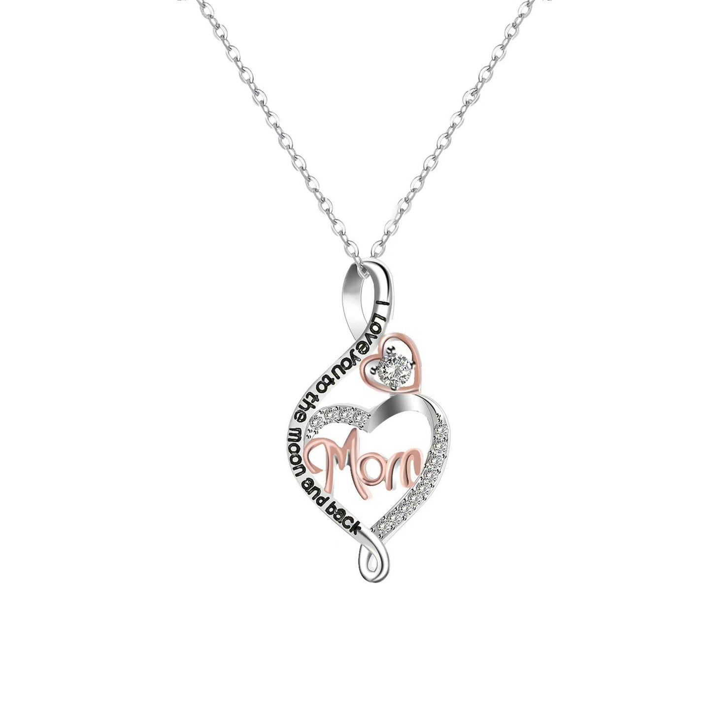 Mom Love you to the moon and back Jeweled Pendant S925 Silver Peach Heart Necklace
