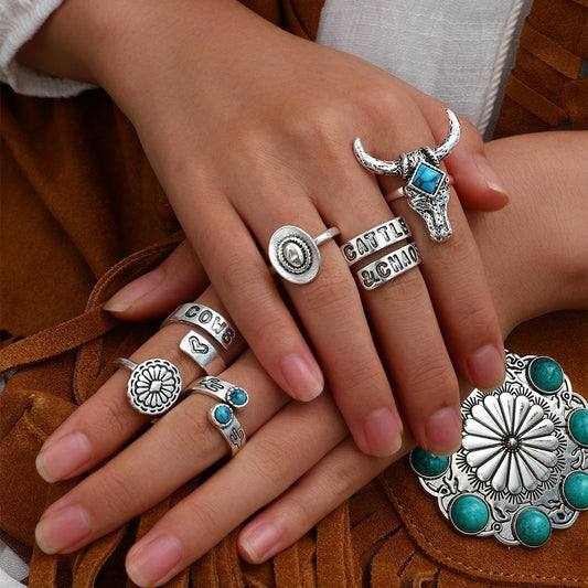 Retro Turquoise Six-piece Ring Set