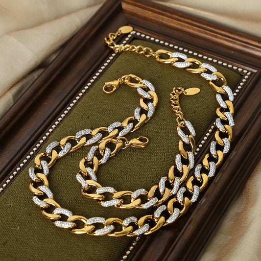 French Style Diamond-studded Design Titanium Steel Gold-plated Necklace Suit