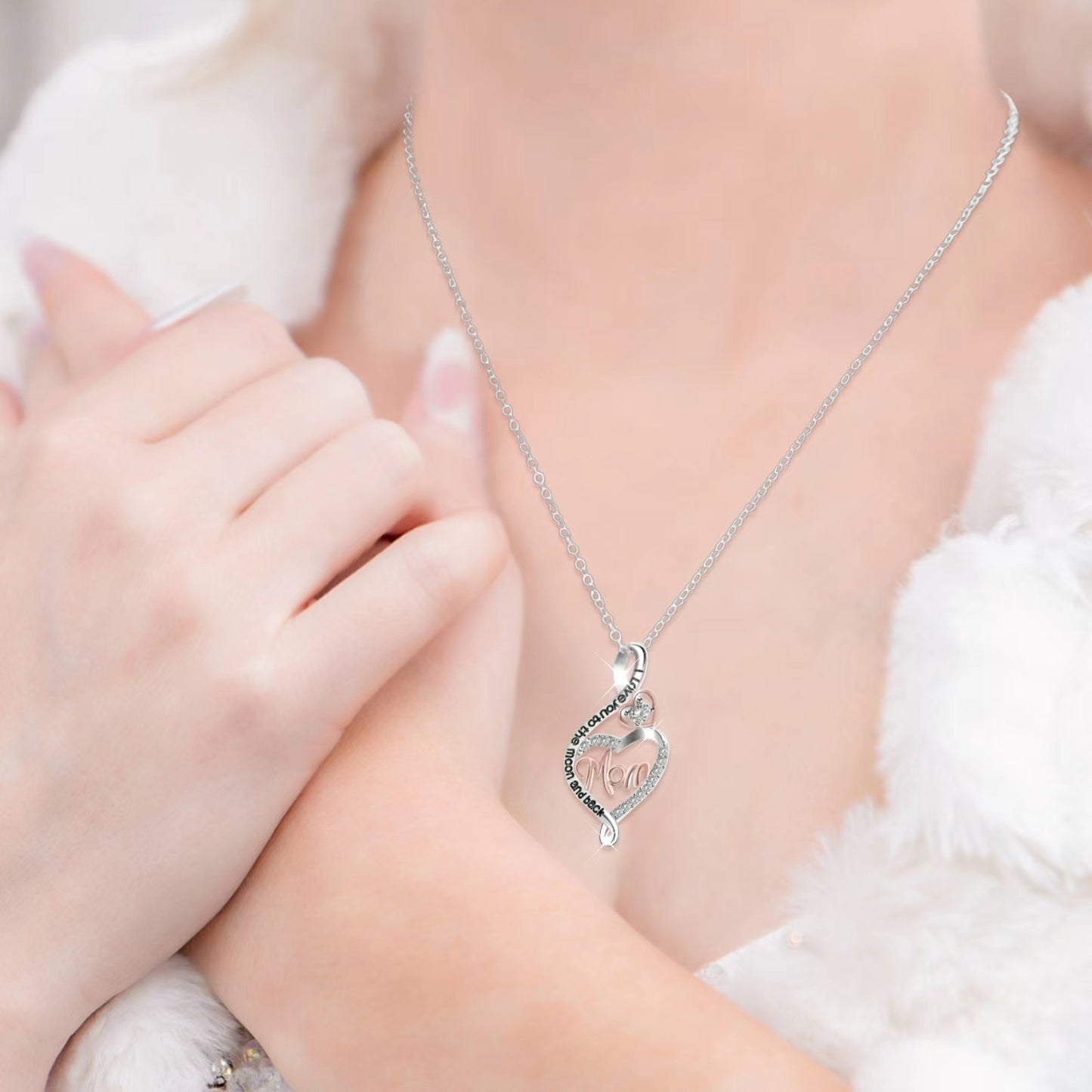Mom Love you to the moon and back Jeweled Pendant S925 Silver Peach Heart Necklace