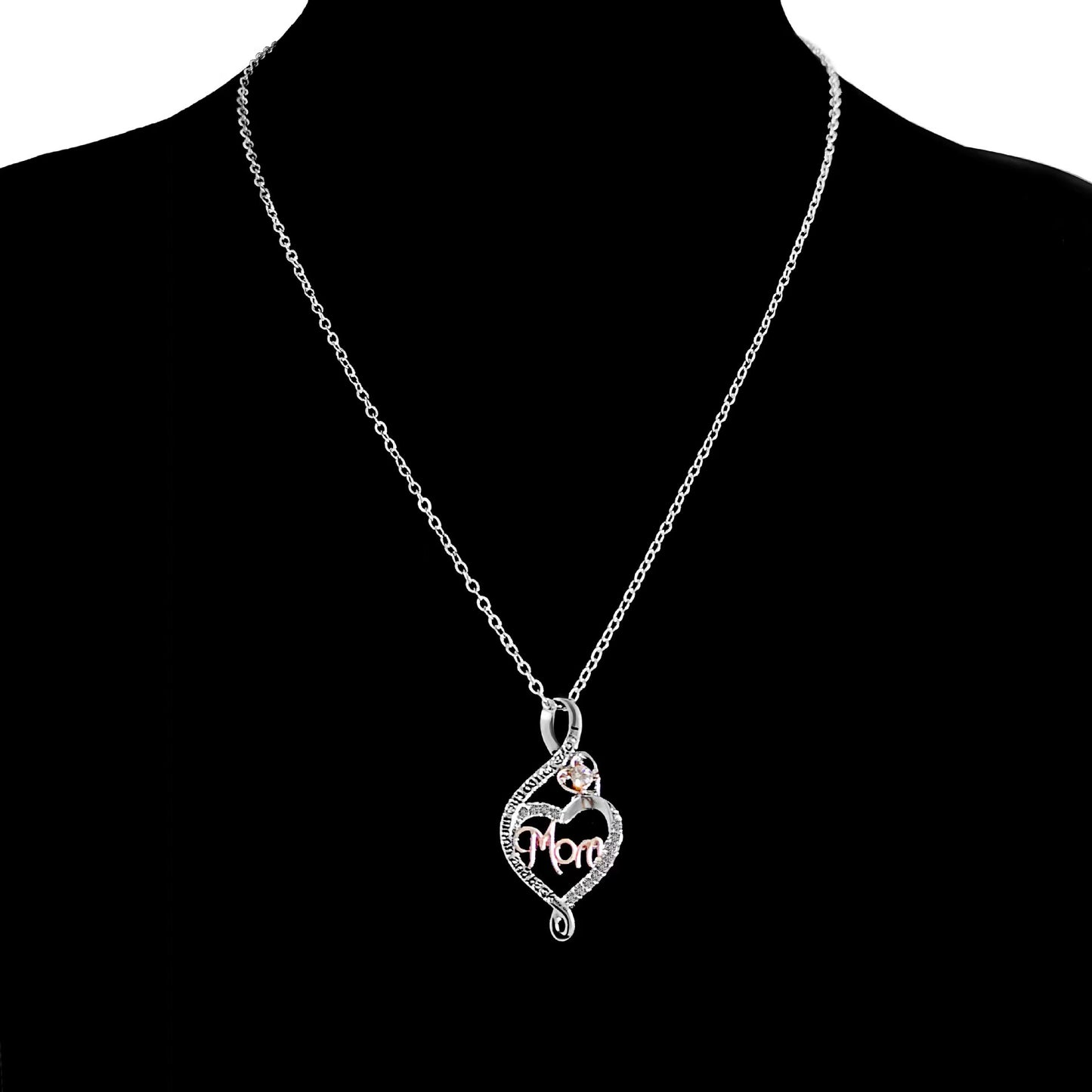 Mom Love you to the moon and back Jeweled Pendant S925 Silver Peach Heart Necklace