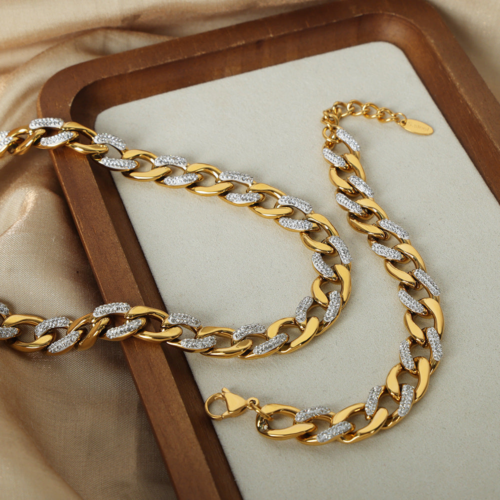 French Style Diamond-studded Design Titanium Steel Gold-plated Necklace Suit