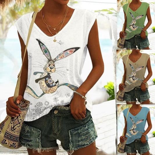 Casual Loose Bunny Print Sleeveless T-shirt