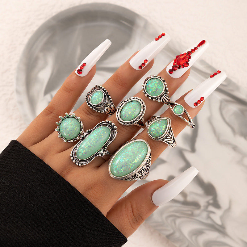 Geometric Opal Gem 8-piece Set of Rings