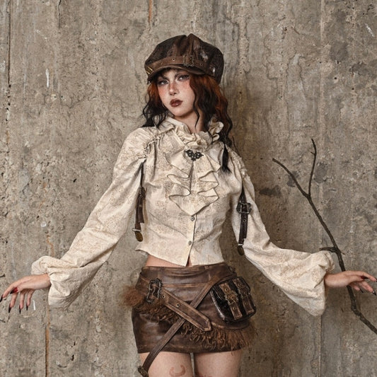 Steampunk Cotton Linen European Style Distressed Stand Collar Ruffle Shirt
