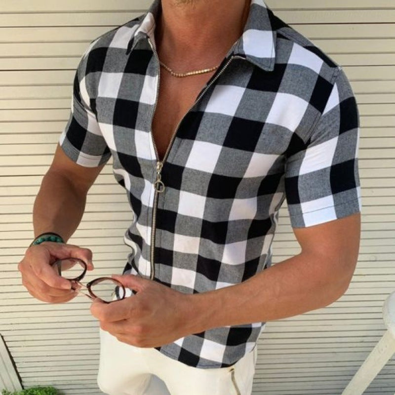 Plaid Zipper Short Sleeve Shirt